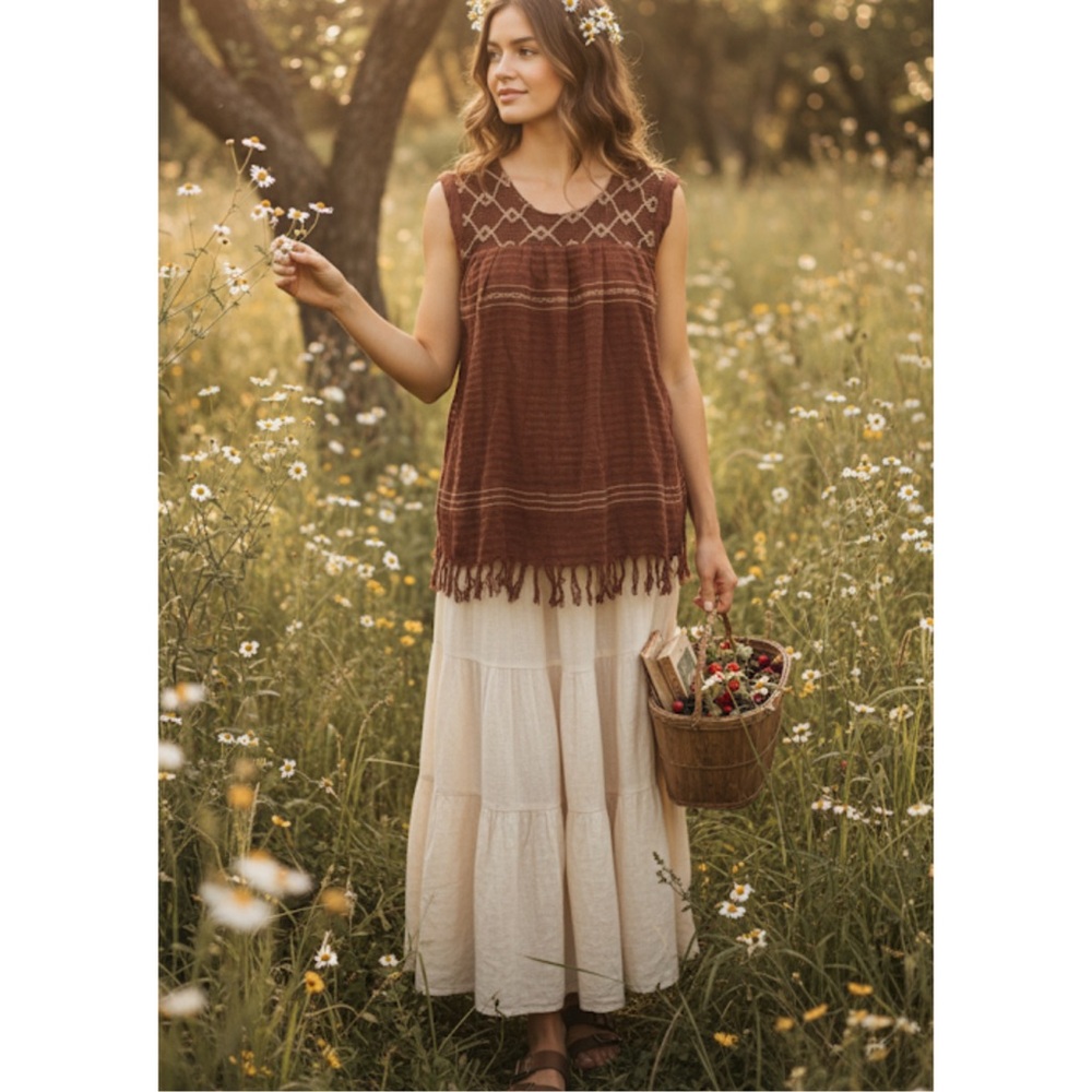 Embroidered Knit Top M/L Geometric Cottagecore Boho Fairycore Neutral Vintage - Picture 13 of 13